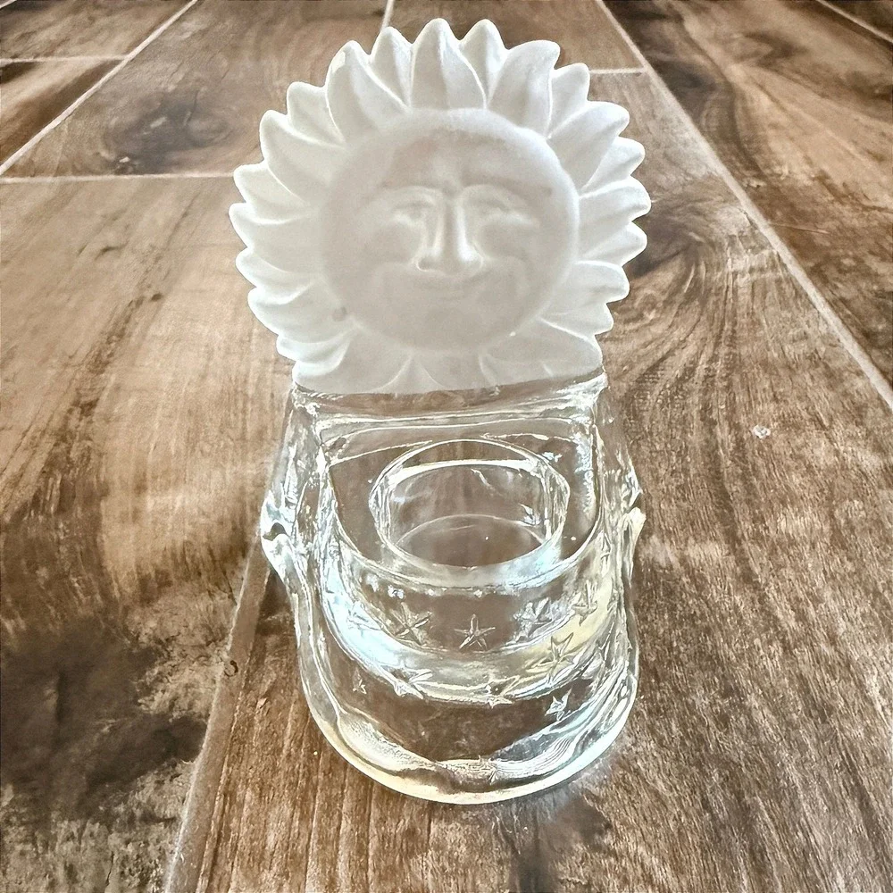 Vintage 90's Whimsy Frosted Celestial Sun Face & Stars Glass Tea Light Holder
